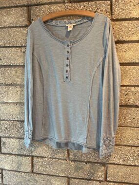 Sundance Blue Lace Trim Henley Long Sleeve Top Small 100% Cotton